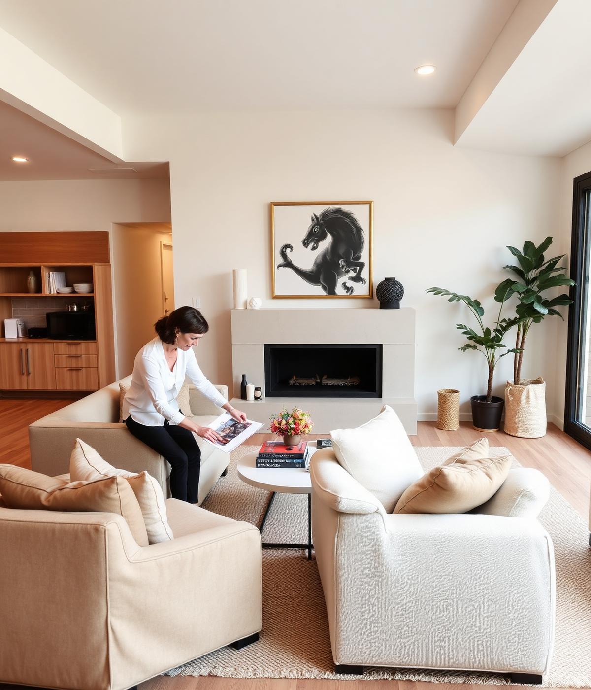 Interior designer arranging furniture and decor in a stylish home