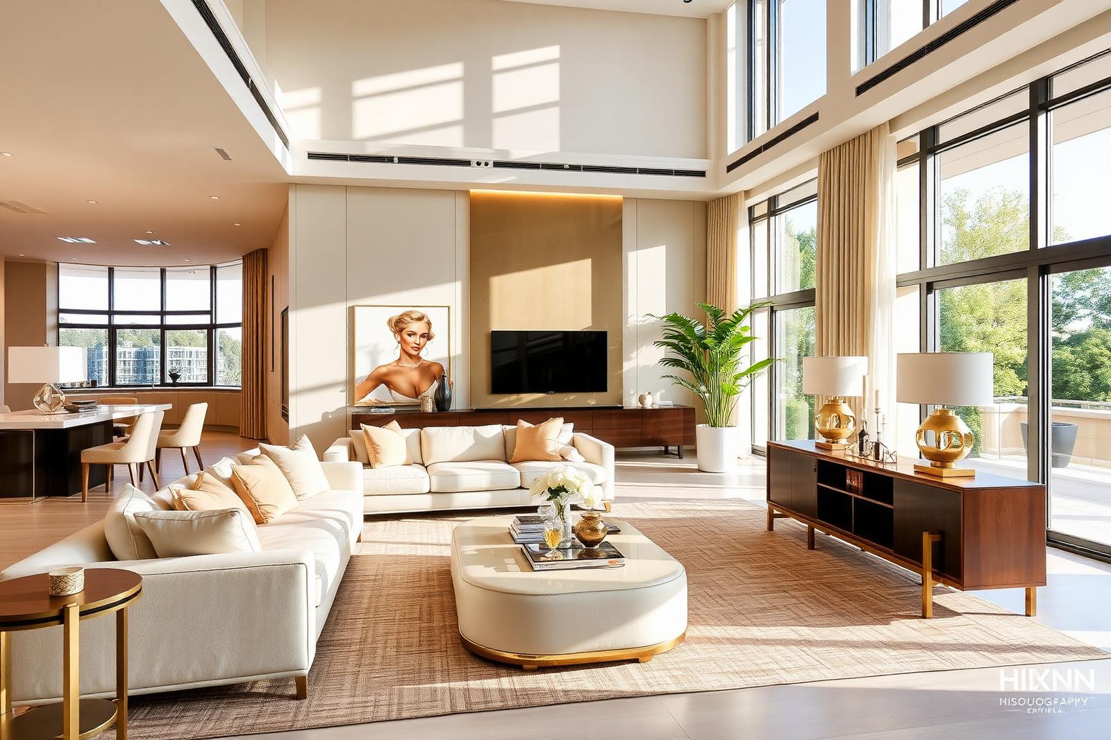 Luxury modern living room with natural light and elegant furnishings
